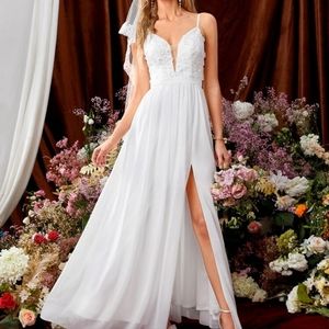 Applique Leaf Embroidery Mesh Insert Split Thigh Chiffon Wedding Dress white